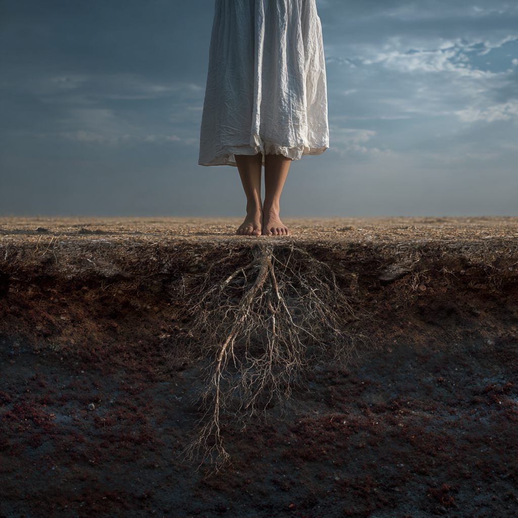 Bare feet standing on earth with roots reaching down into the soil, representing energetic grounding