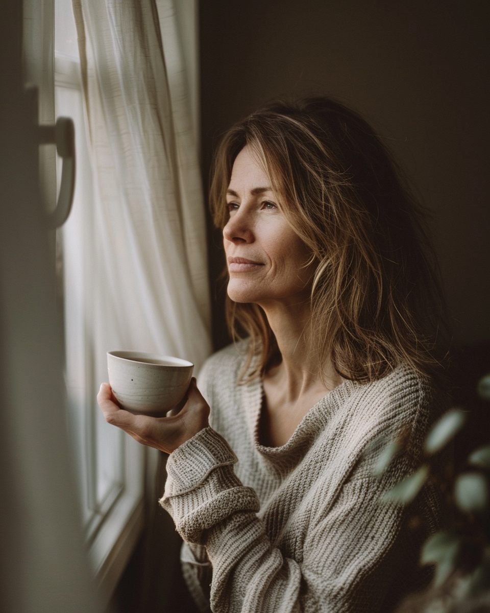 A woman resting quietly by a window with a warm drink