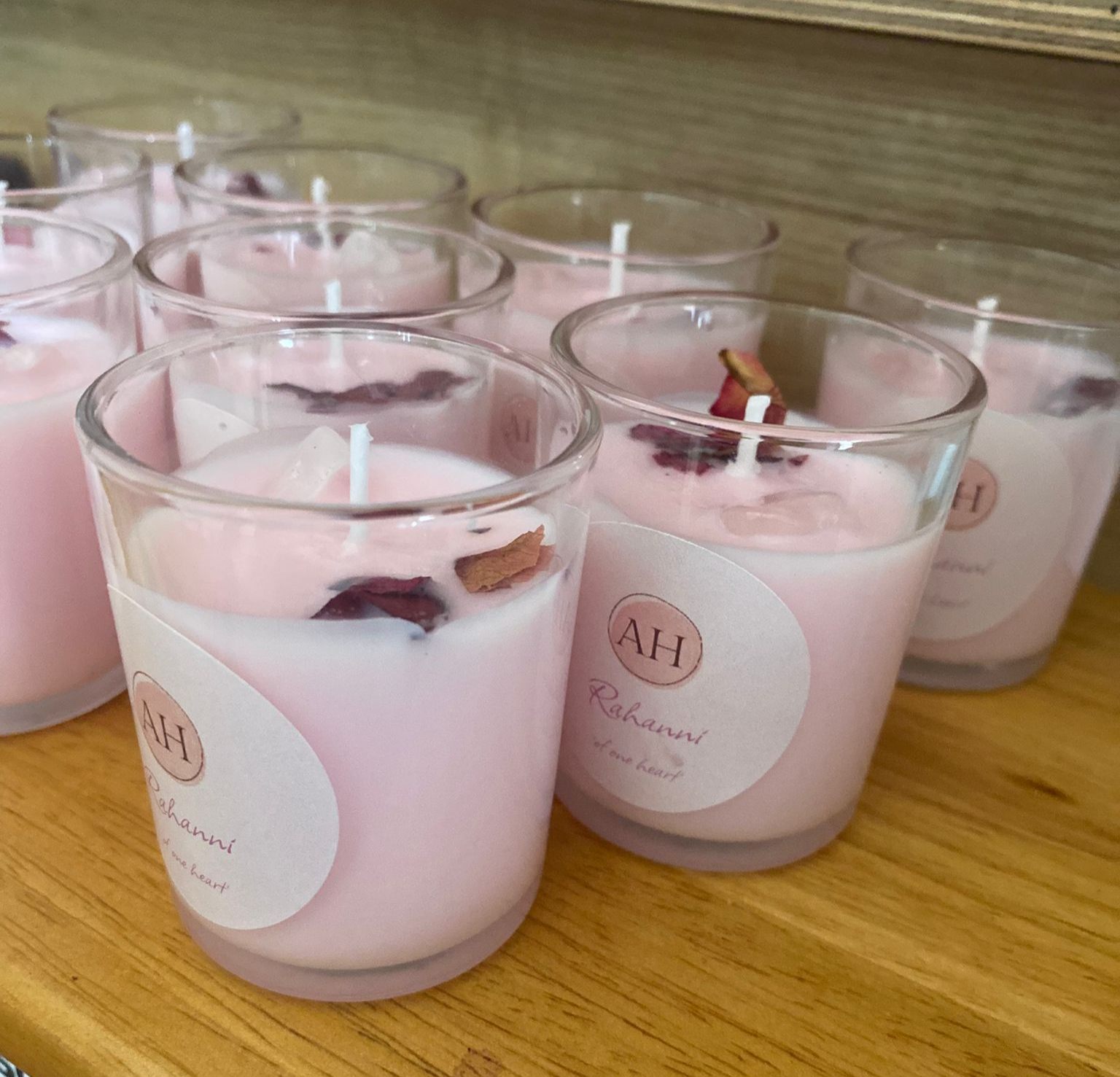 Hand-poured mini Rahanni candles infused with pink ray healing energy
