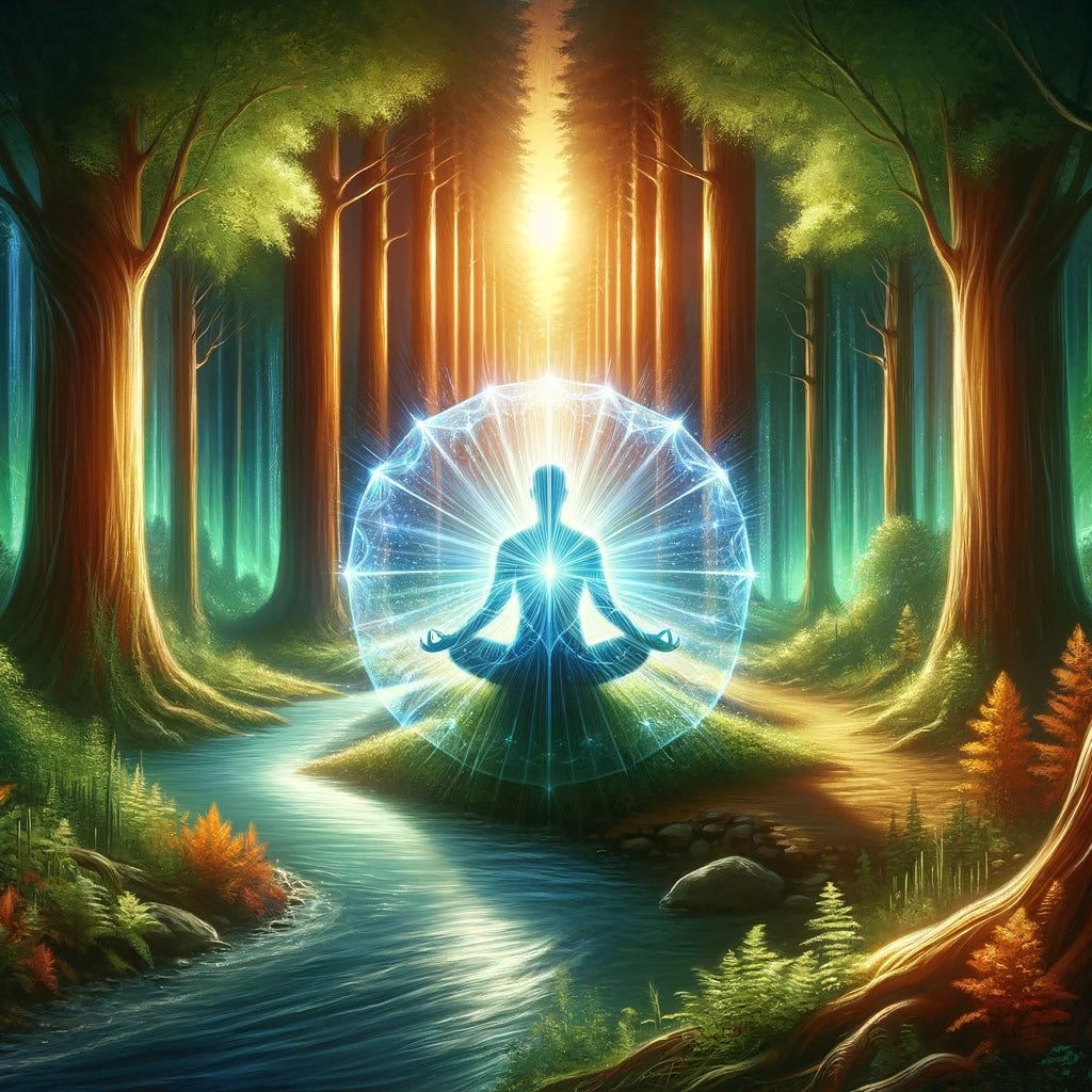 A figure meditating within a ring of light in a forest clearing
